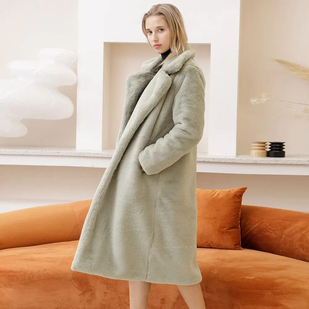 2022 New Female Winter Plush Thick Warm Loose Women Faux Rabbit Fur Coat Loose Lapel Fur Coat