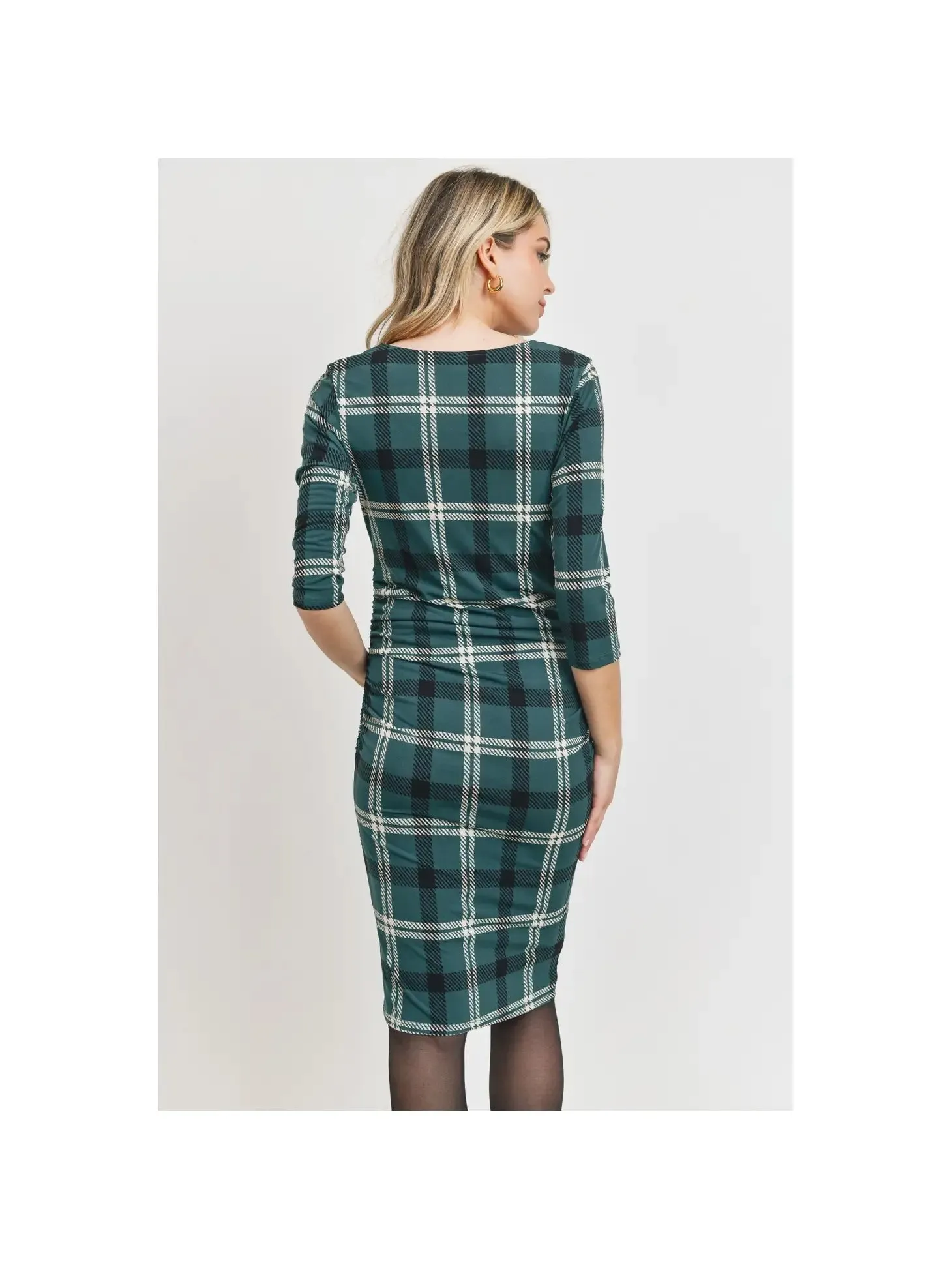 3/4 Sleeve Plaid Bodycon Maternity Dress - Hello Miz