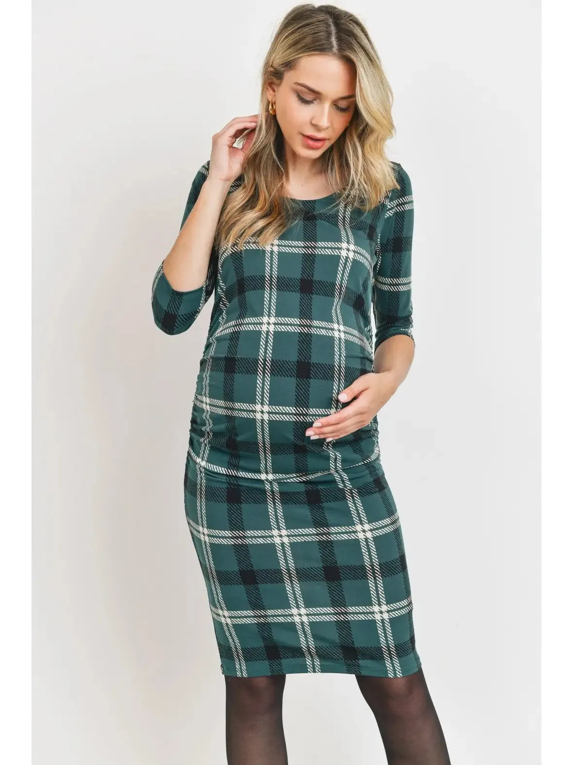 3/4 Sleeve Plaid Bodycon Maternity Dress - Hello Miz