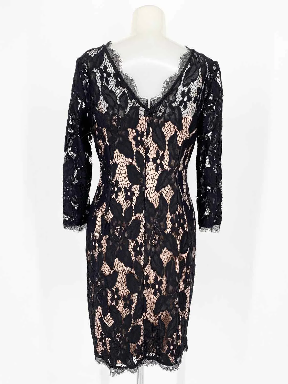 Adrianna Papell Women's Black/Beige 3/4 Sleeve Lace Bodycon Date Night Dress