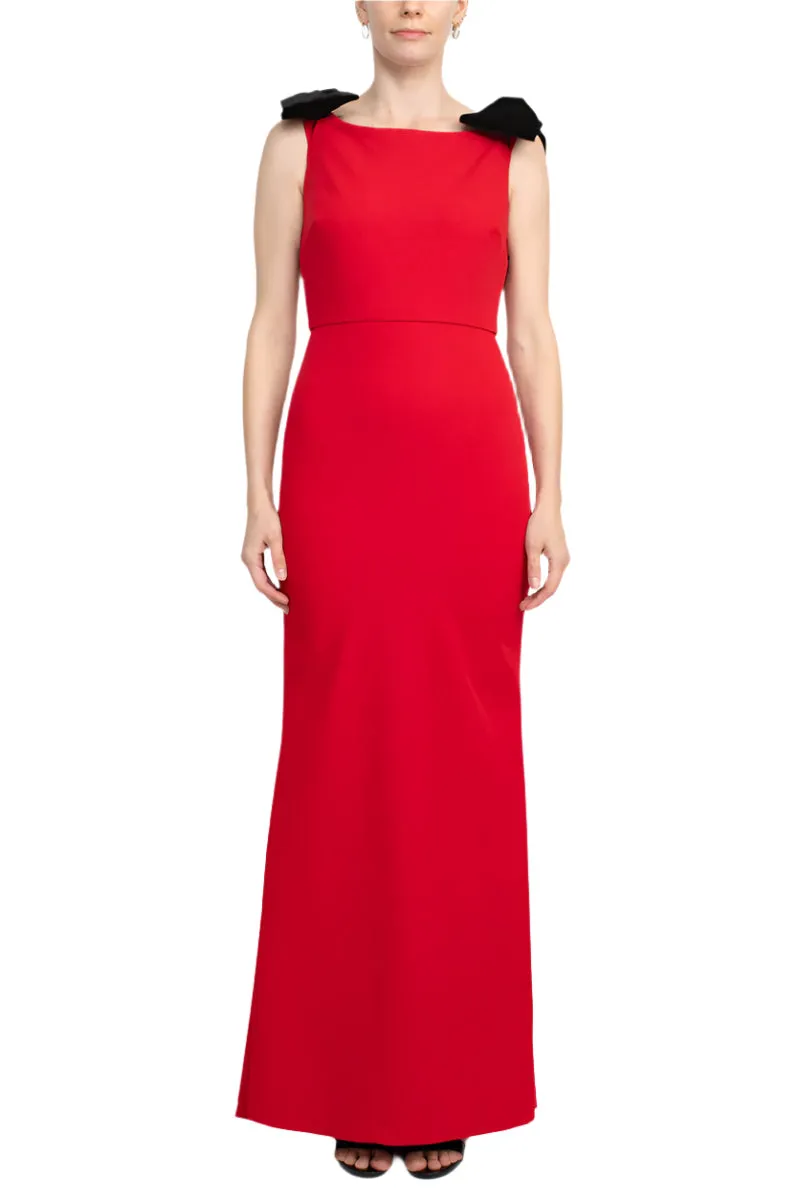 Alberto Makali Boat Neck Sleeveless Bow Shoulder Detail Zipper Back Solid Bodycon Scuba Gown