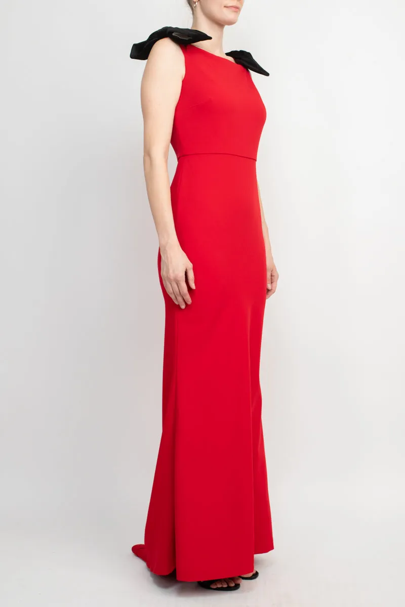 Alberto Makali Boat Neck Sleeveless Bow Shoulder Detail Zipper Back Solid Bodycon Scuba Gown