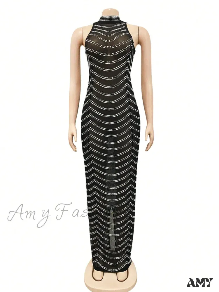 Amy Fashion - Rhinestone Sheer Mesh Bodycon Dress