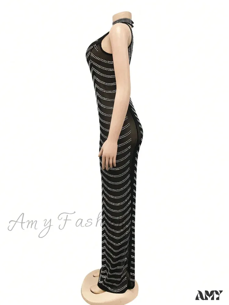 Amy Fashion - Rhinestone Sheer Mesh Bodycon Dress