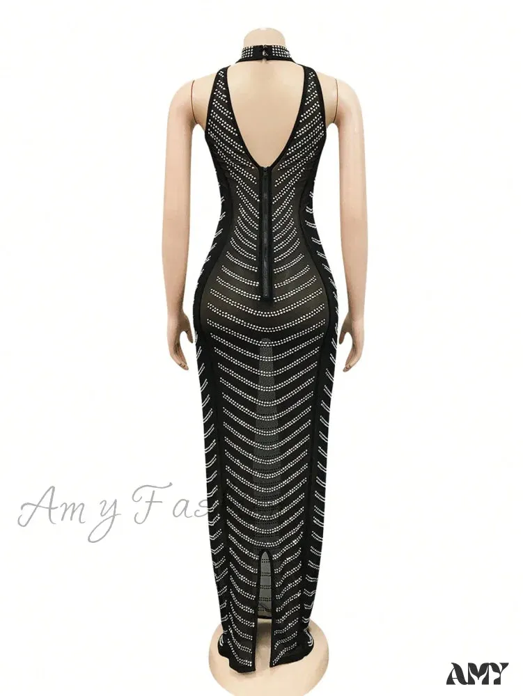 Amy Fashion - Rhinestone Sheer Mesh Bodycon Dress