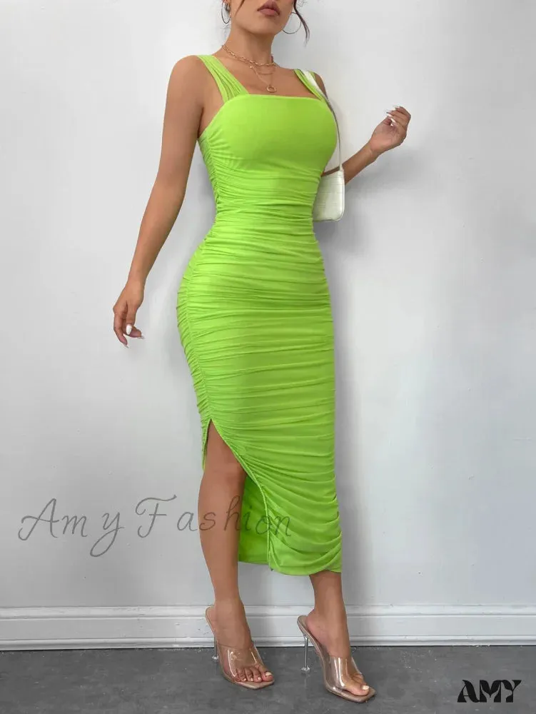 Amy Fashion - Slit Hem Mesh Bodycon Dress