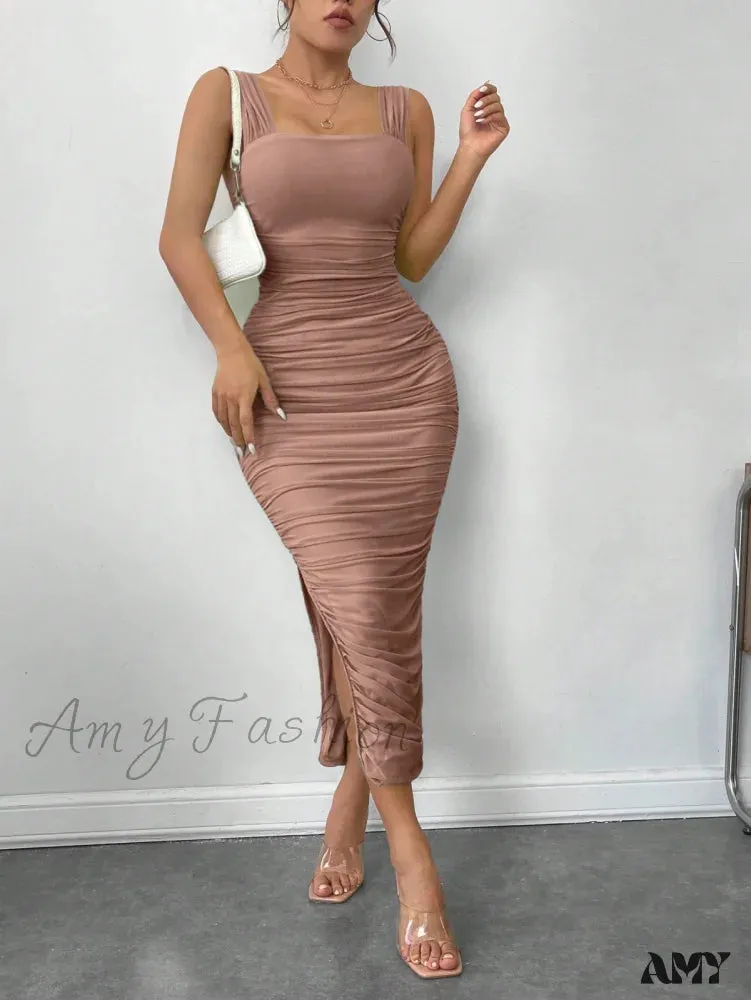 Amy Fashion - Slit Hem Mesh Bodycon Dress