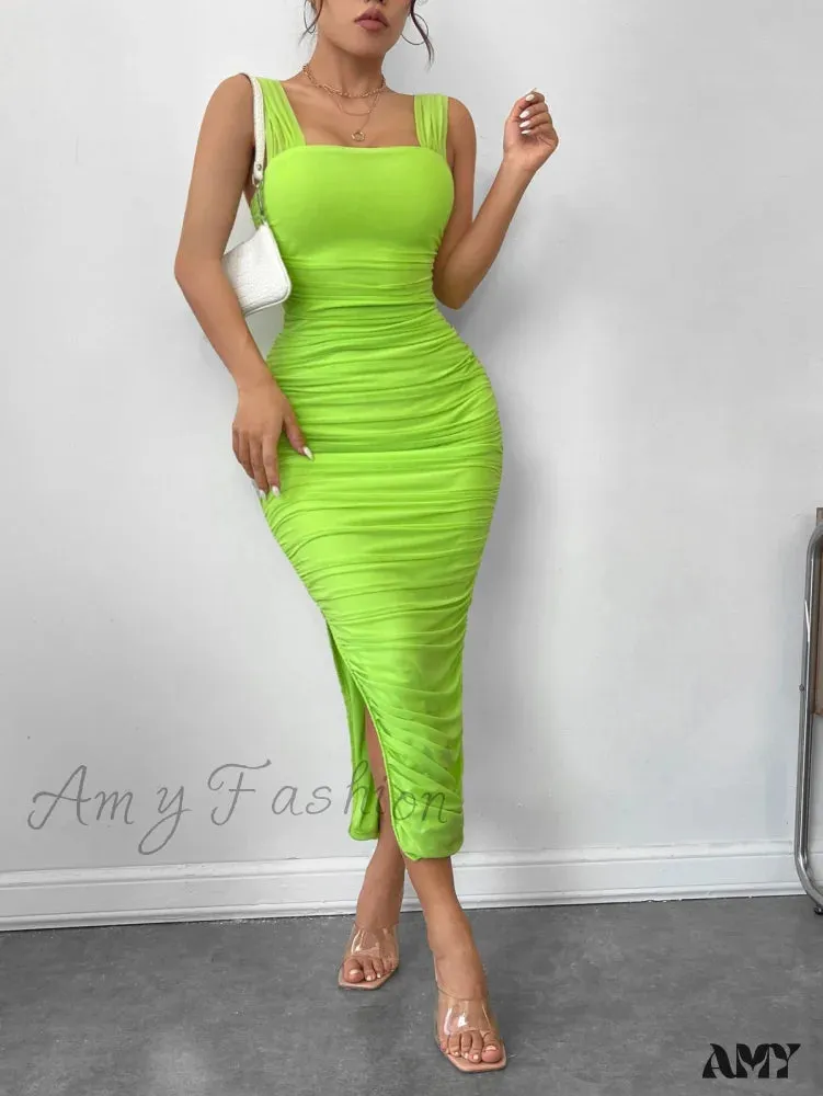 Amy Fashion - Slit Hem Mesh Bodycon Dress