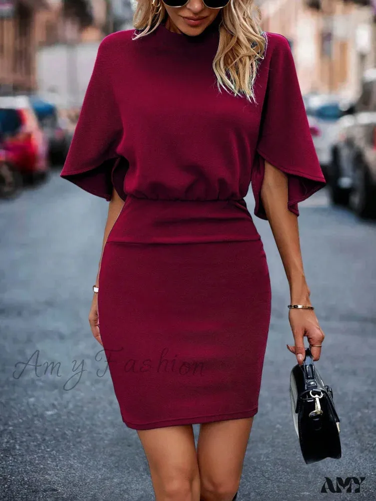 Amy Fashion - Solid Batwing Sleeve Mock Neck Bodycon Dress