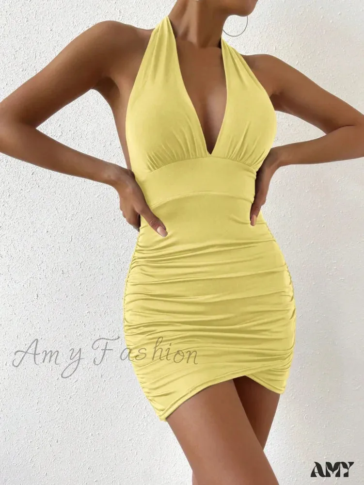 Amy Fashion - Solid Tie Backless  Side Tulip Hem Bodycon Dress