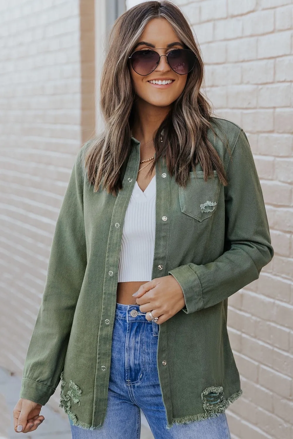 Army Green Distressed Denim Shacket w/Snap Button Closure & Front Pocket