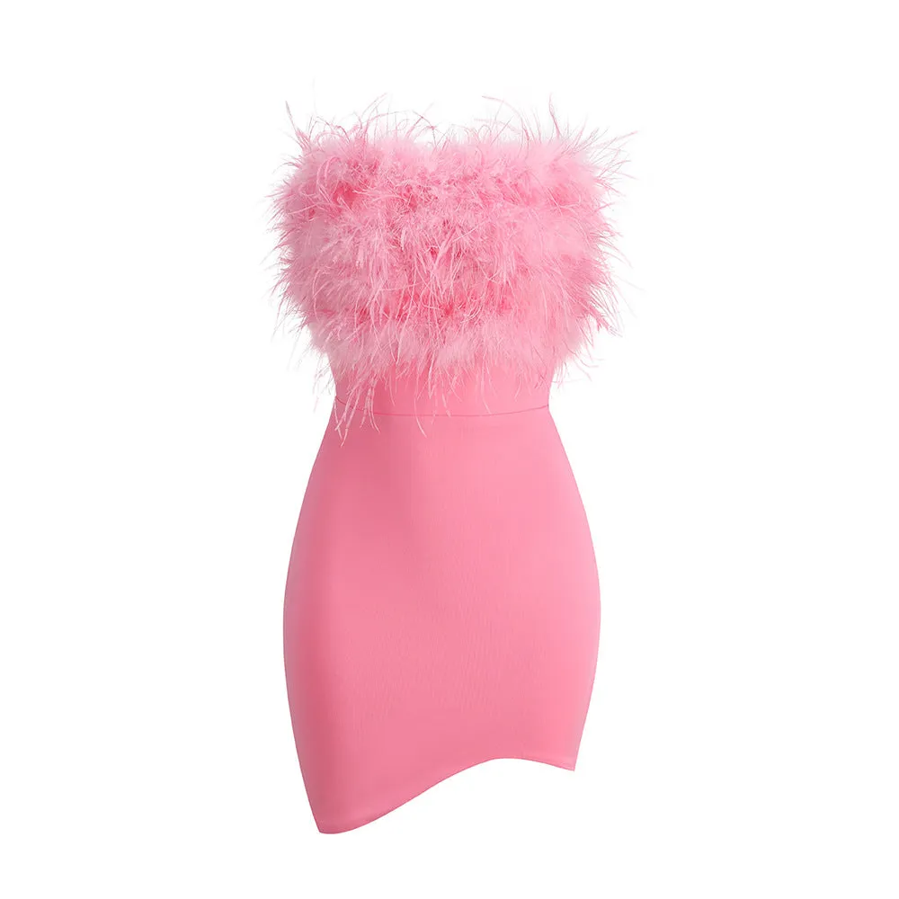 Asymmetrical Hem Fuzzy Trim Strapless Bodycon Dress