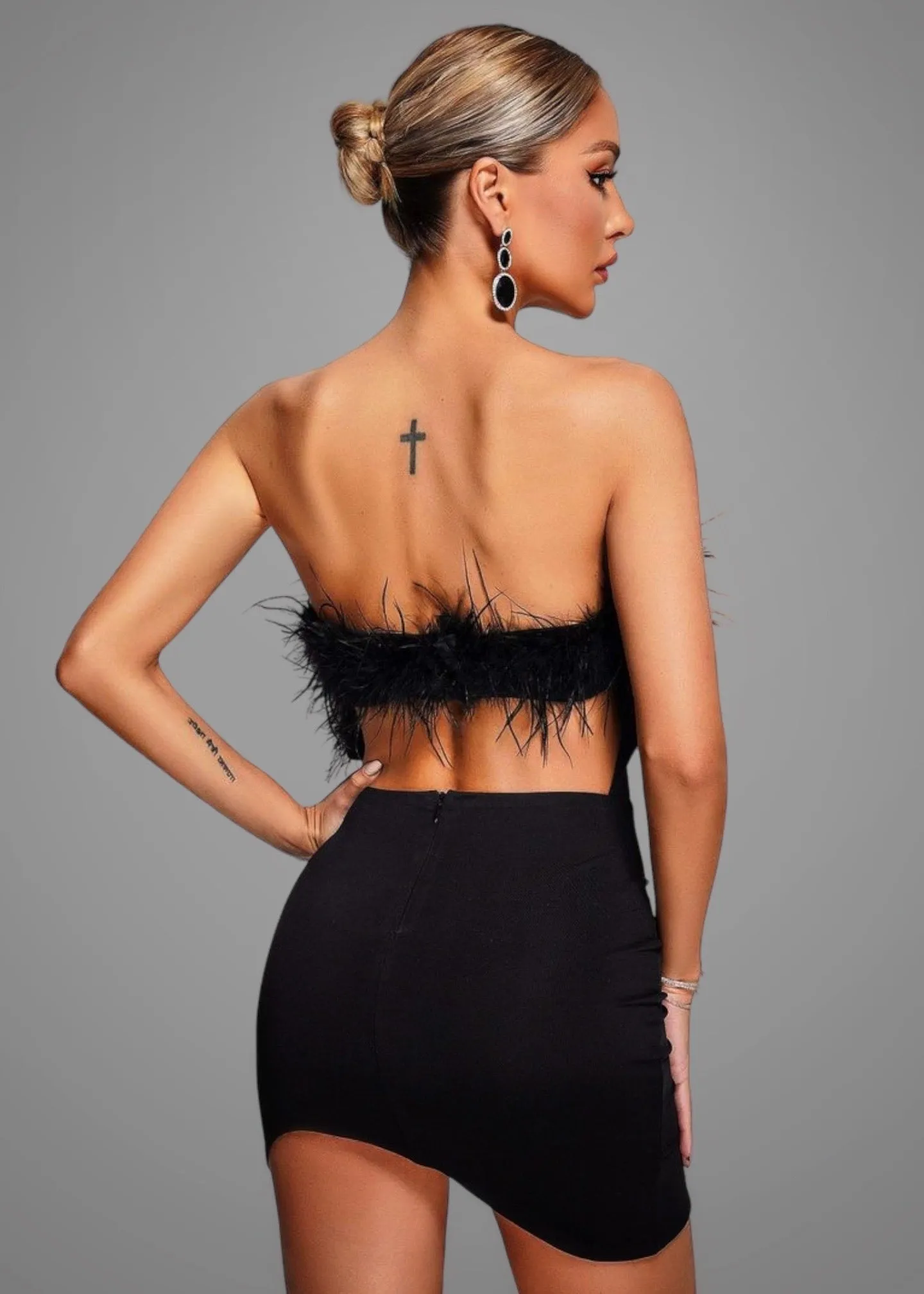 Asymmetrical Hem Fuzzy Trim Strapless Bodycon Dress