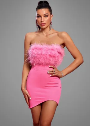 Asymmetrical Hem Fuzzy Trim Strapless Bodycon Dress