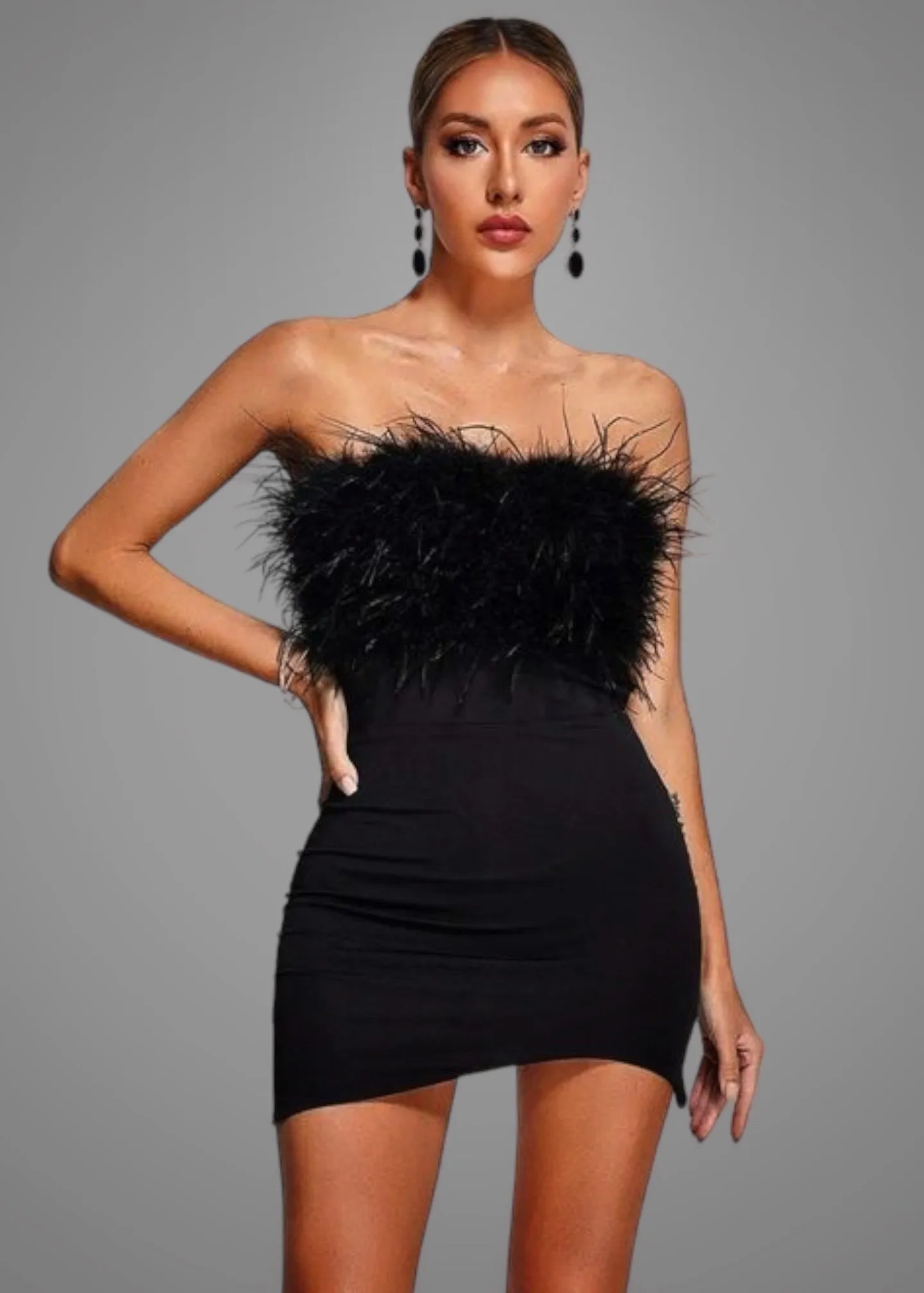Asymmetrical Hem Fuzzy Trim Strapless Bodycon Dress