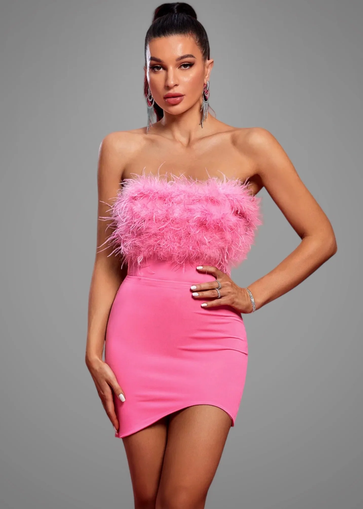 Asymmetrical Hem Fuzzy Trim Strapless Bodycon Dress