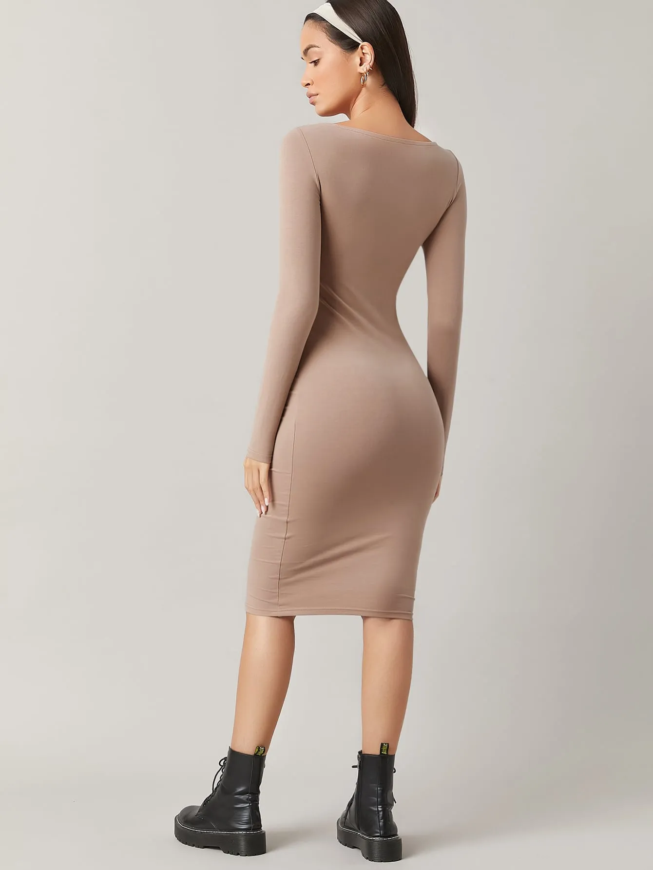 BASICS Solid Boat Neck Bodycon Dress