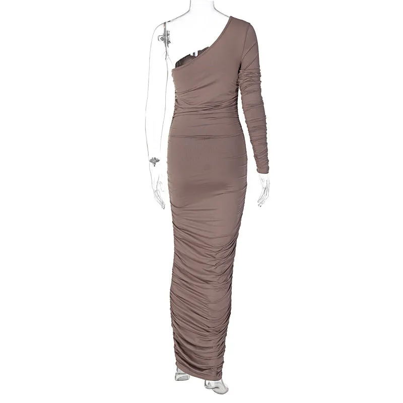 BerriesJam - One Shoulder Bodycon Solid Long Sleeve Maxi Party Dress
