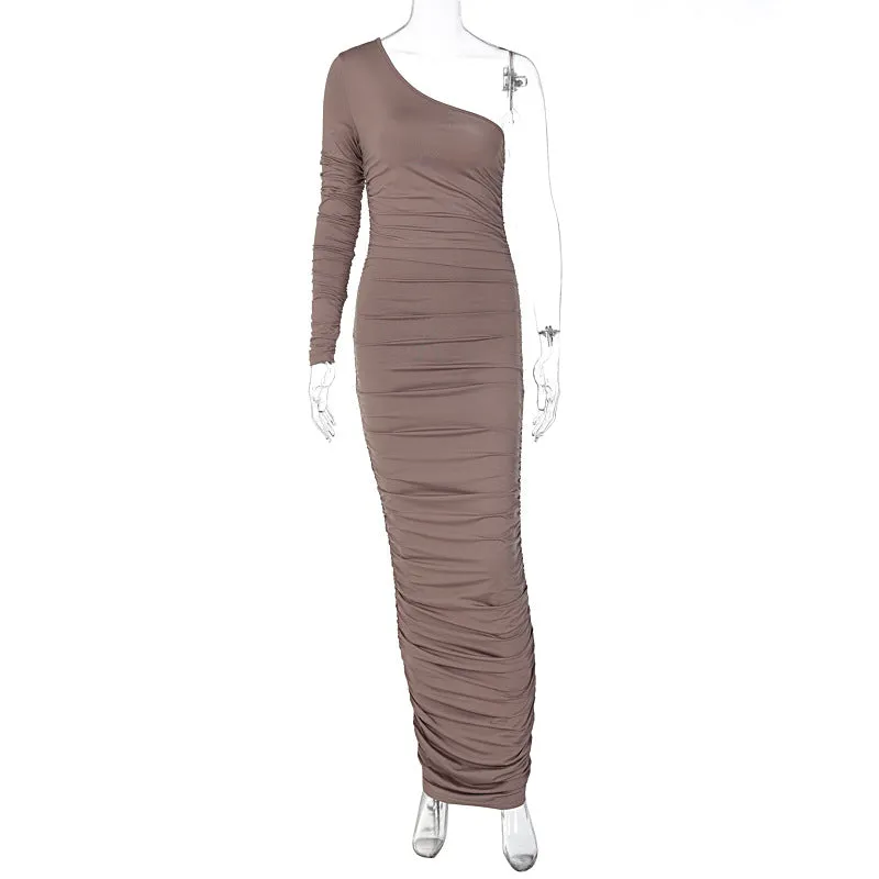 BerriesJam - One Shoulder Bodycon Solid Long Sleeve Maxi Party Dress