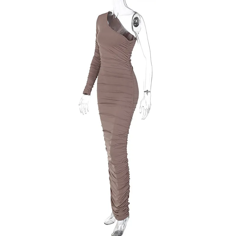 BerriesJam - One Shoulder Bodycon Solid Long Sleeve Maxi Party Dress