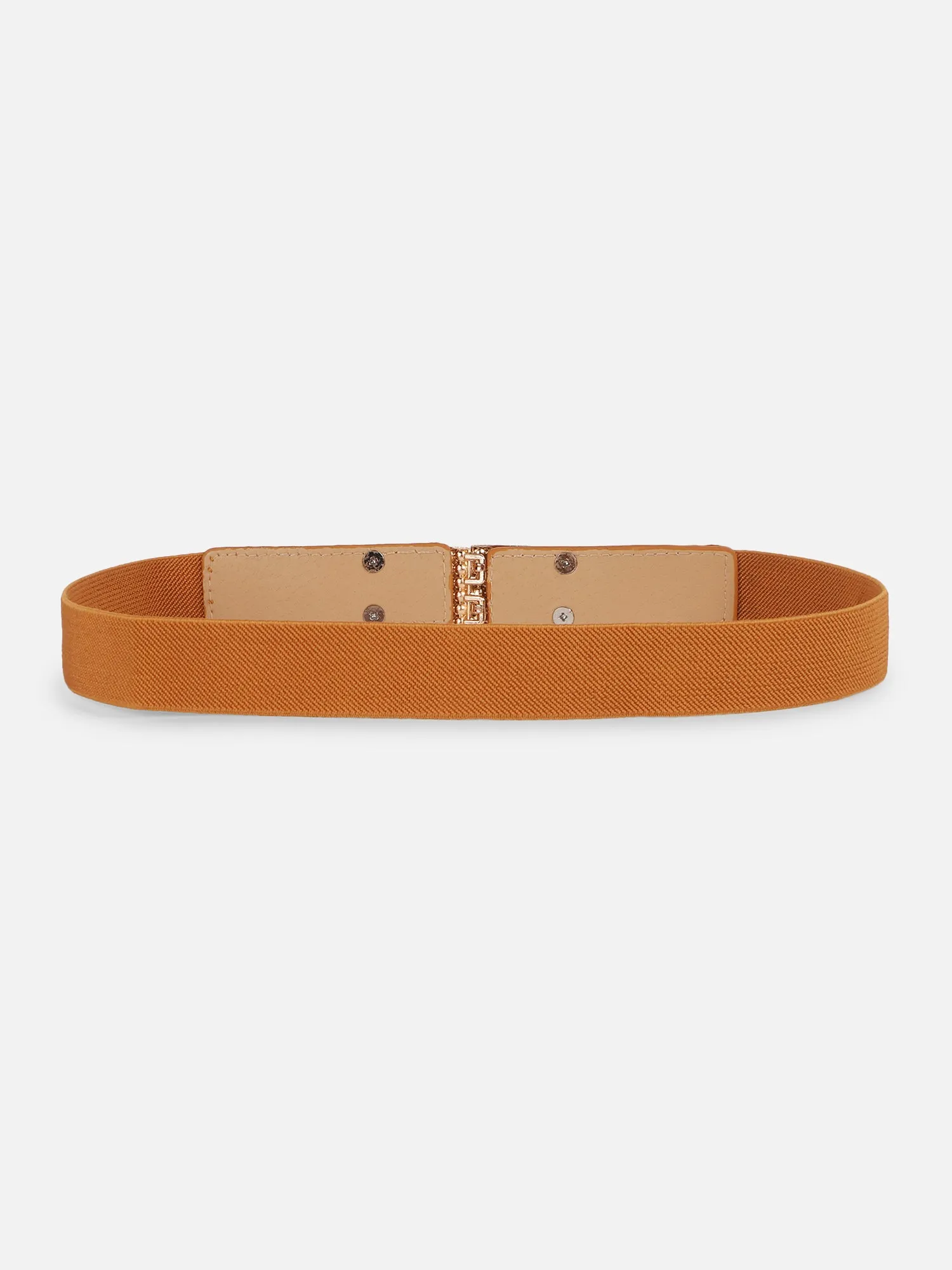 Berrylush Women Solid Brown Pearl Embellished PU Nylon Interlock Regular Slim Belt