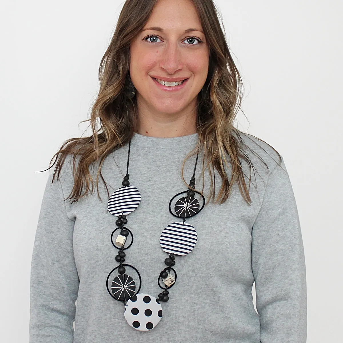 Black and White Fabric Disk Marina Necklace
