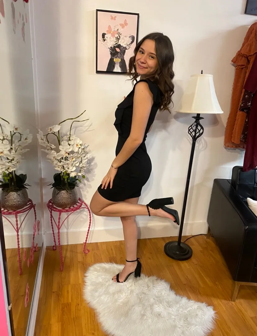 Black Bodycon Ruffle Dress with Rhinestone Neckline