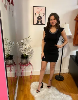 Black Bodycon Ruffle Dress with Rhinestone Neckline