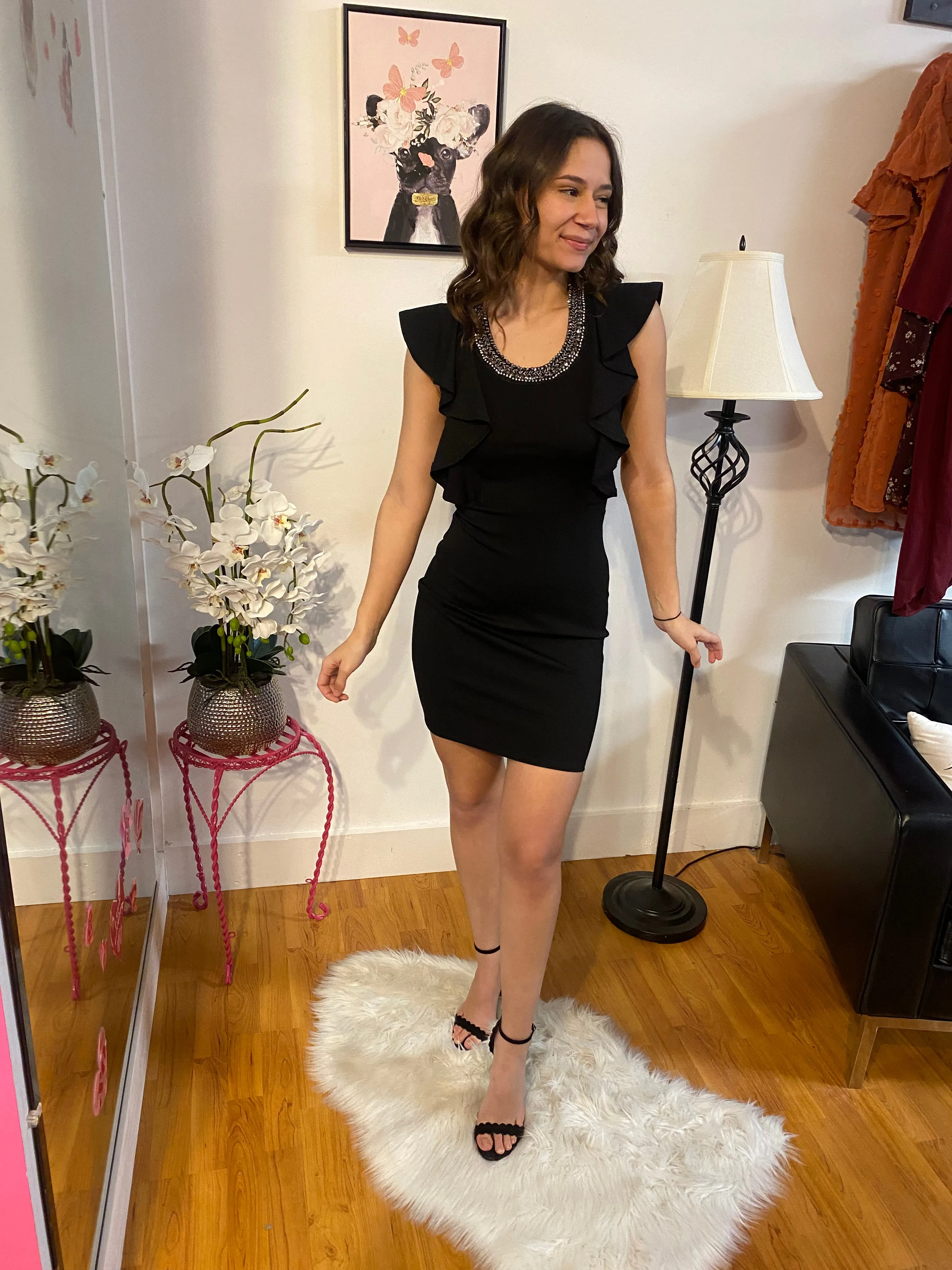 Black Bodycon Ruffle Dress with Rhinestone Neckline