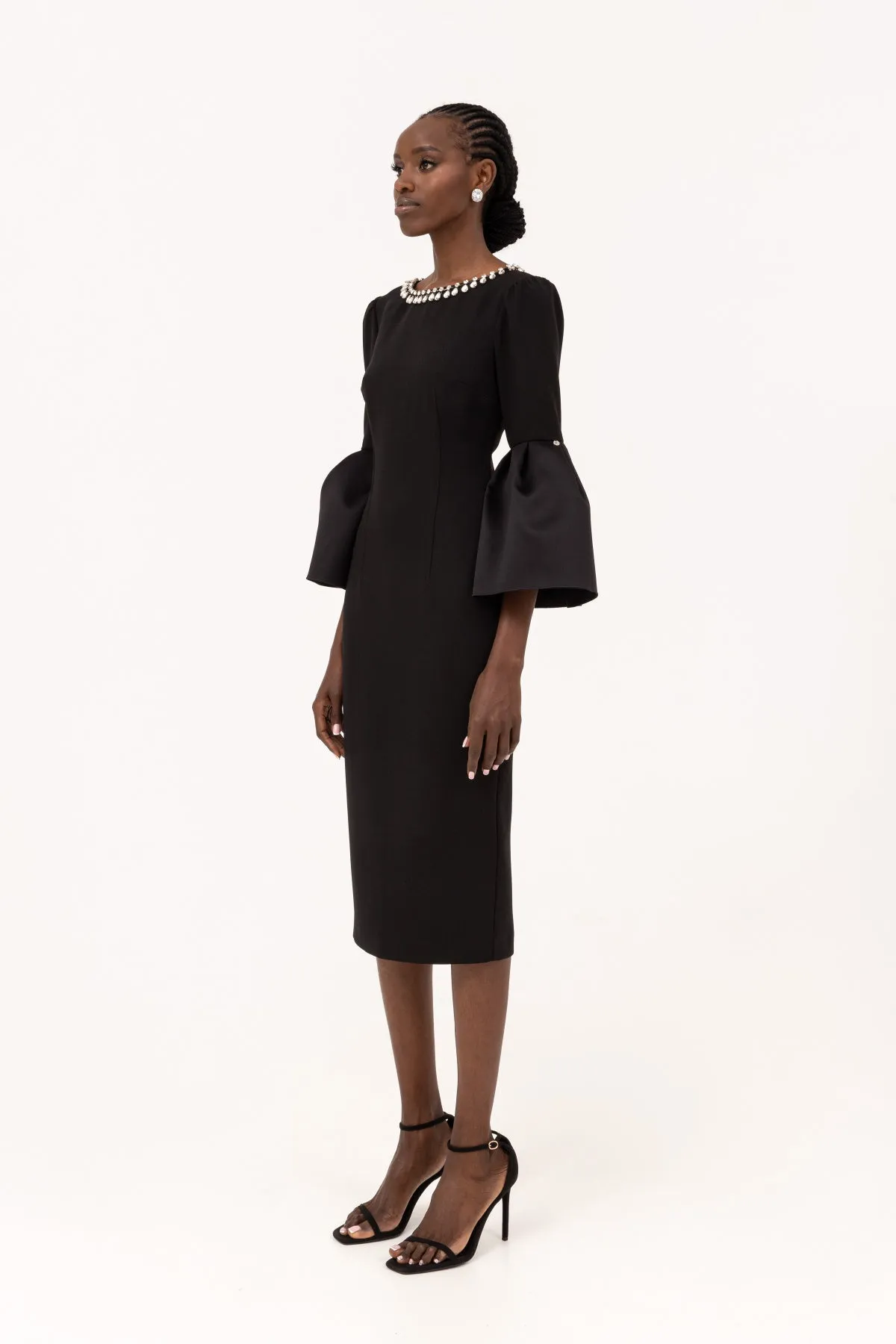 Black crepe crystal midi dress