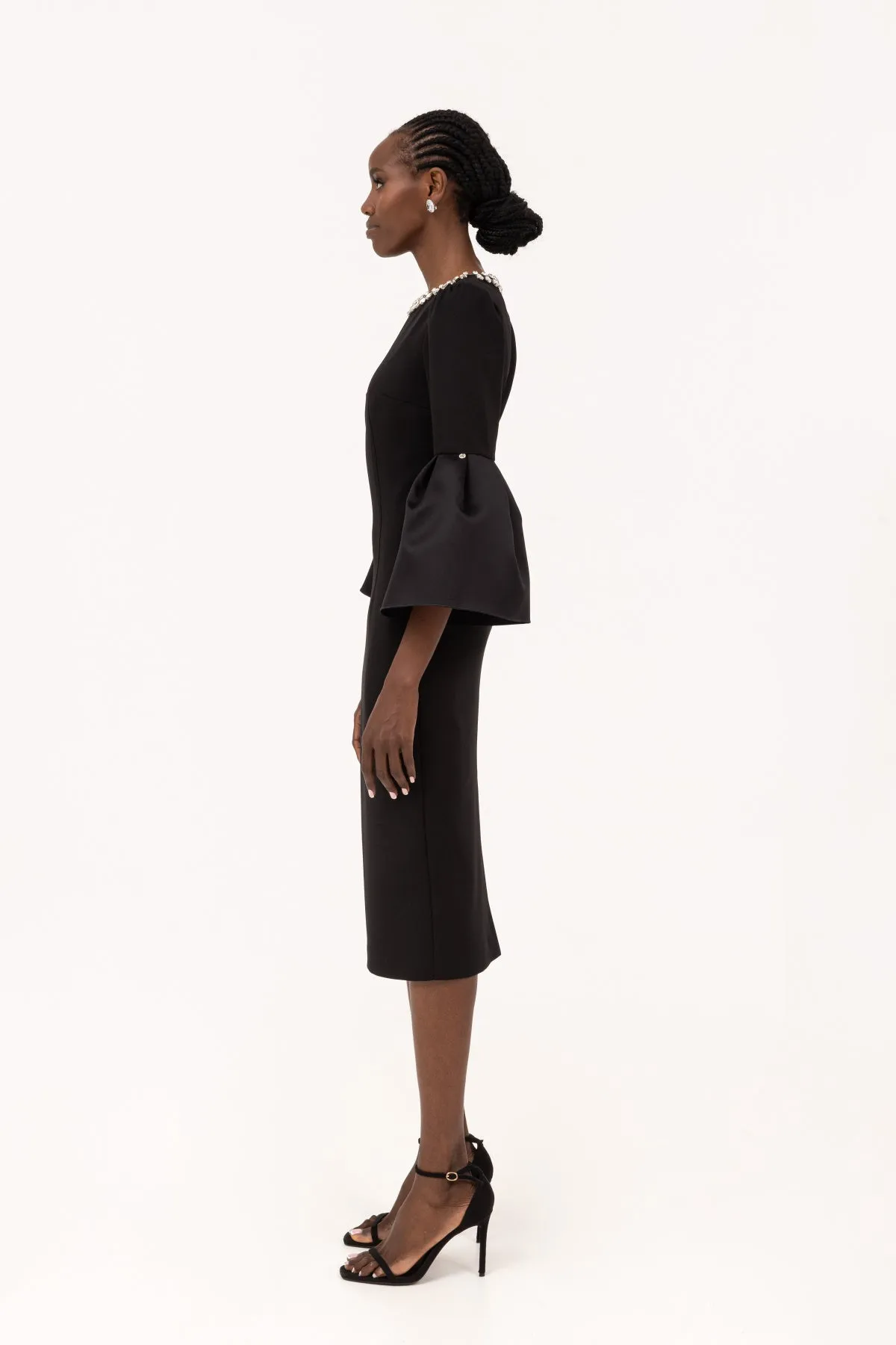 Black crepe crystal midi dress