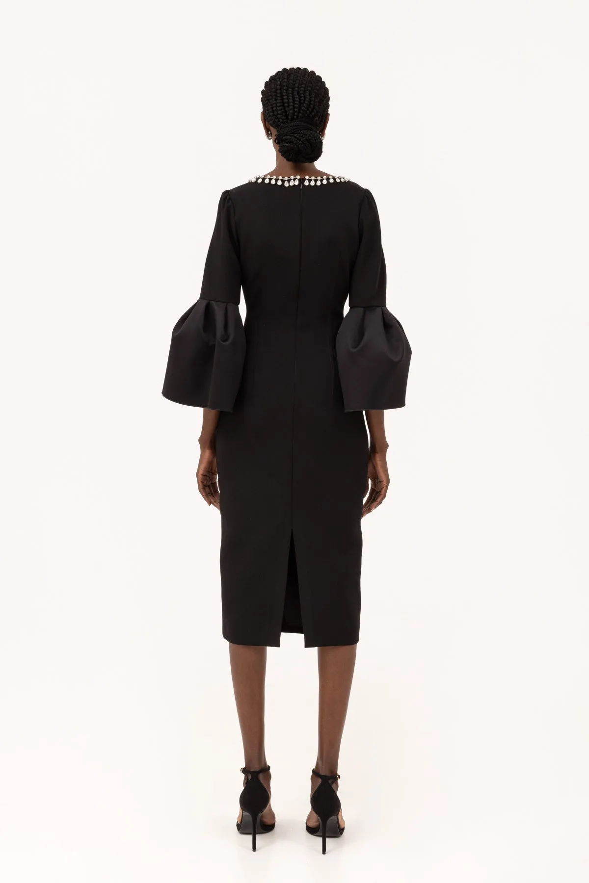 Black crepe crystal midi dress