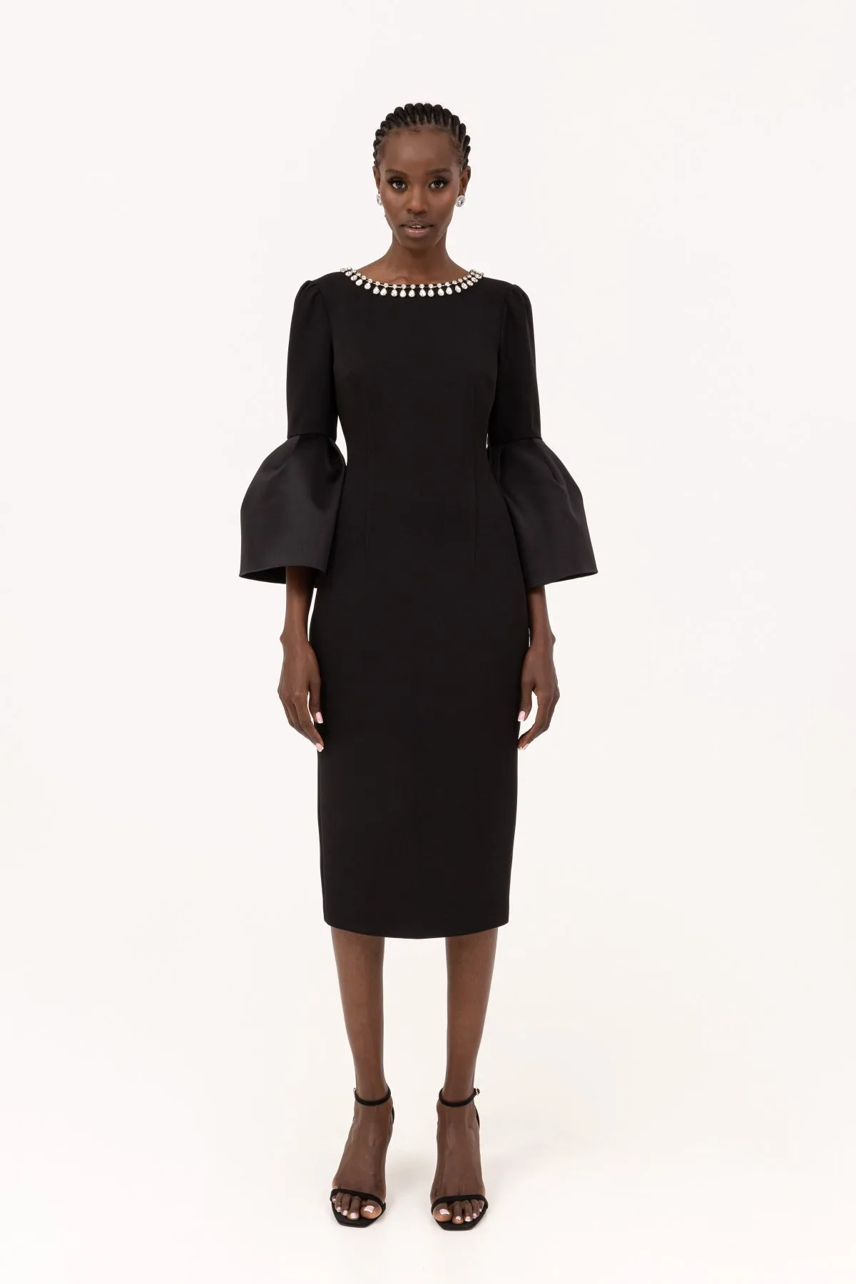 Black crepe crystal midi dress