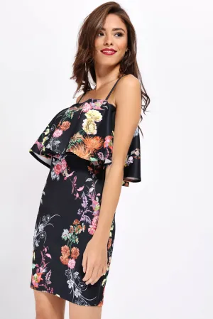 Black Floral Strappy Frill Bodycon Dress