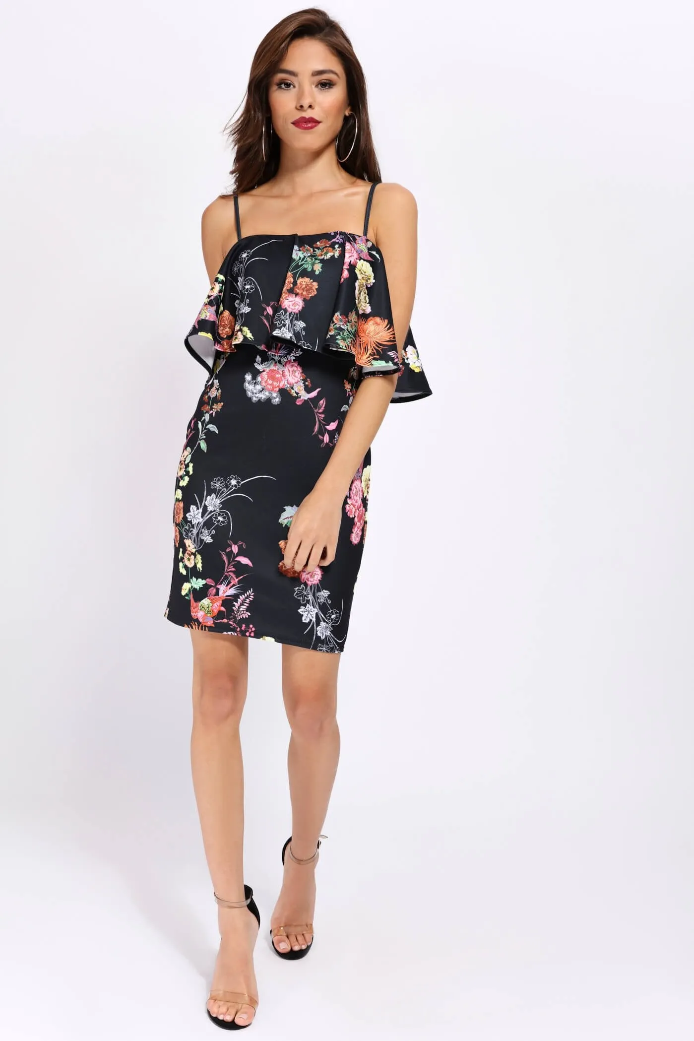 Black Floral Strappy Frill Bodycon Dress