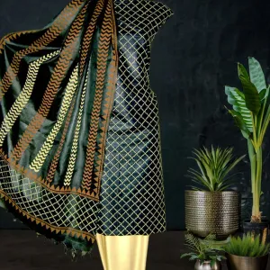 Black Hand Block Printed Tussar Silk in Black Color