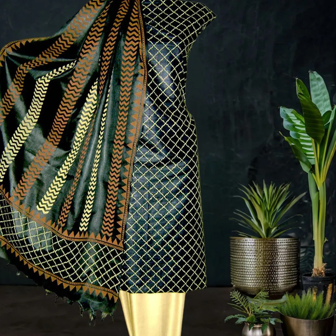 Black Hand Block Printed Tussar Silk in Black Color