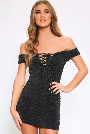 Black Lurex Ruched Mini Dress