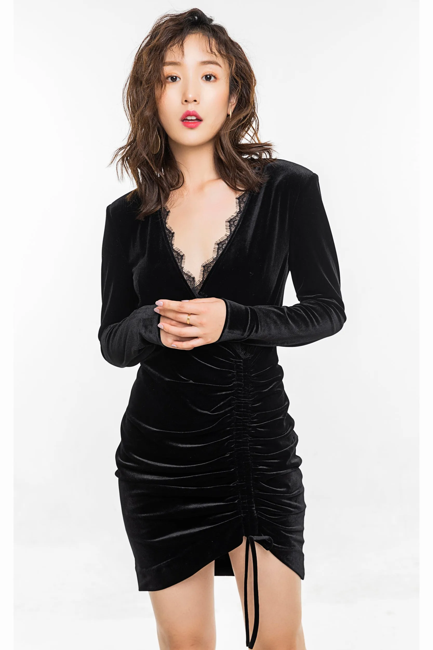 Black Velvet Hem Drawstring Dress