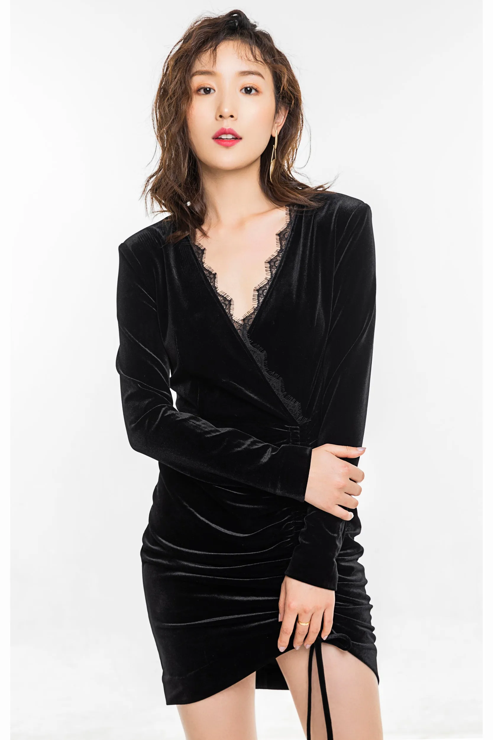 Black Velvet Hem Drawstring Dress