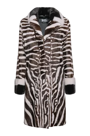 Black/Brown/White Zebra Print Kid Skin & Mink Fur Coat