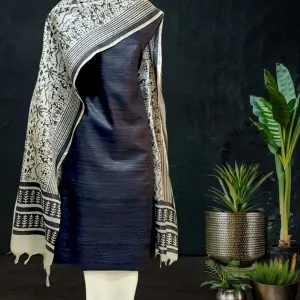 Block Printed Tussar Silk Dress Material Black  & Off White
