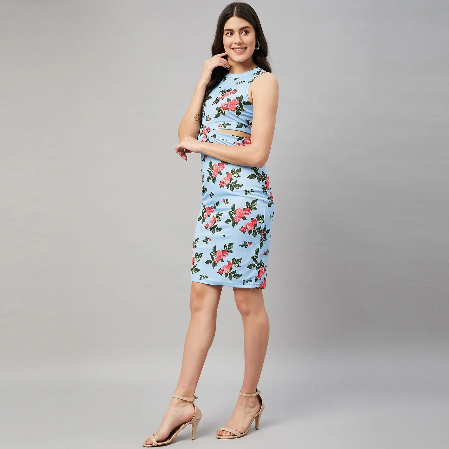Blue Floral Sleeveless Bodycon Dress