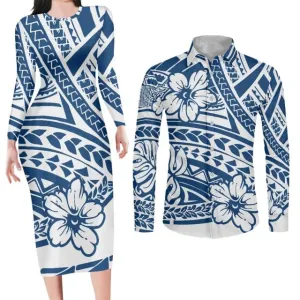 Blue Matching Couples Outfit Bodycon Dress and Shirt Engagement Photo Outfit