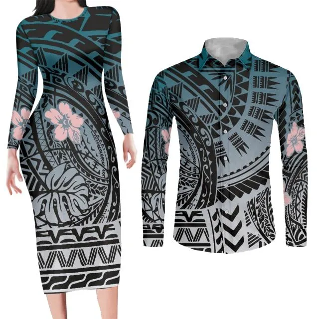 Blue Matching Couples Outfit Bodycon Dress and Shirt Engagement Photo Outfit
