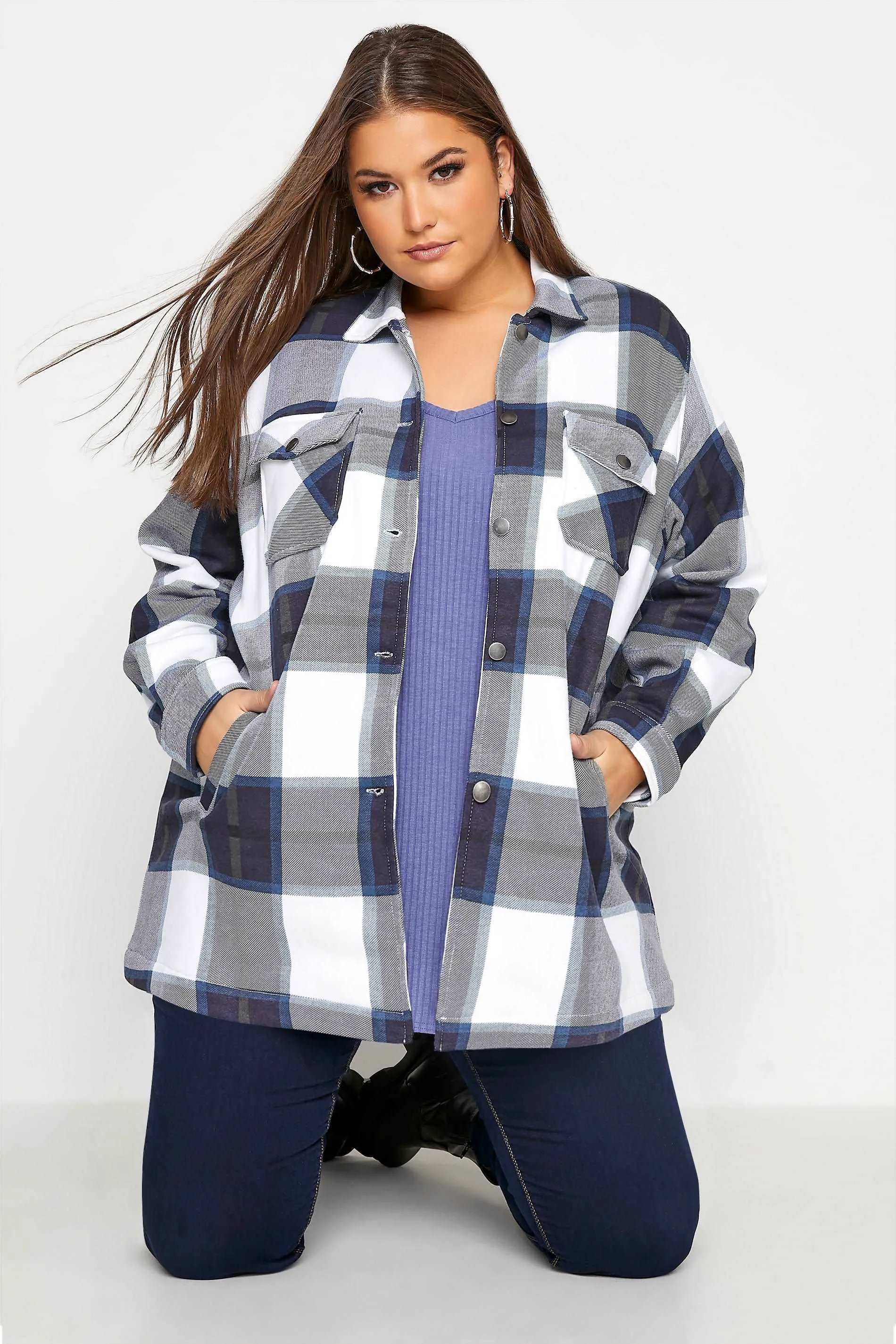Blue White Oversized check shacket For Her-2015