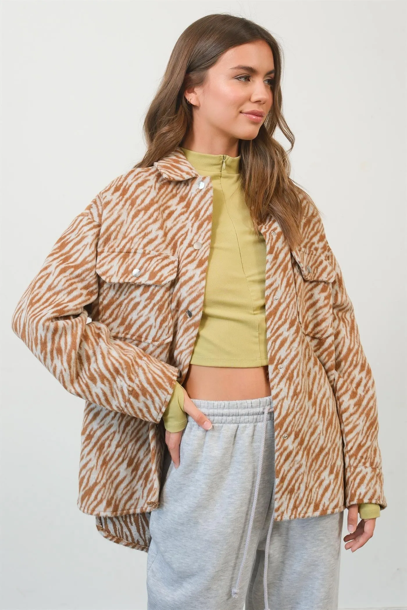Blue Zone Planet |  HYFVE Zebra Print Snap Down Long Sleeve Shacket