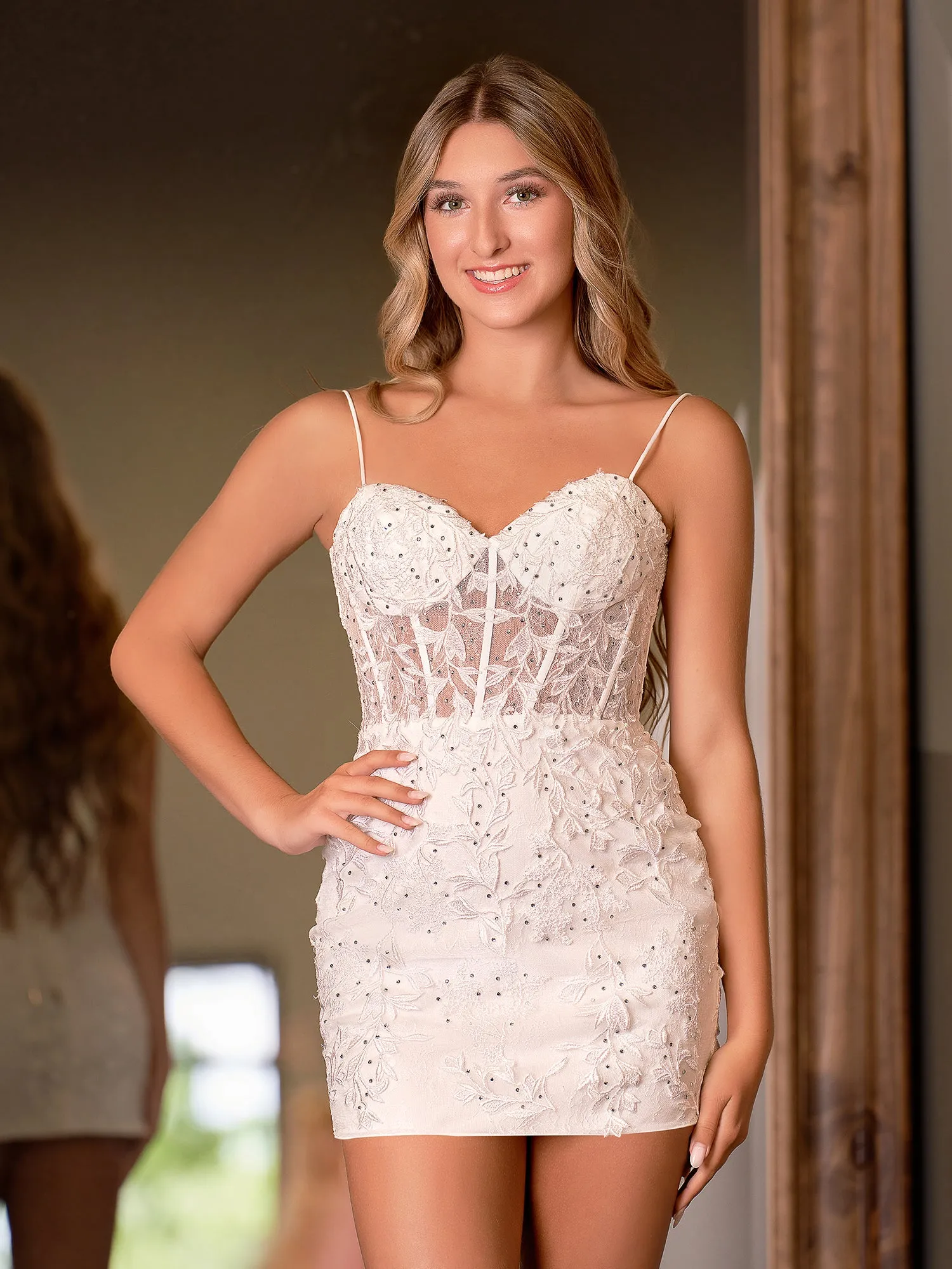 Bodycon Champagne Spaghetti Straps Tight Short Homecoming Dress with Appliques