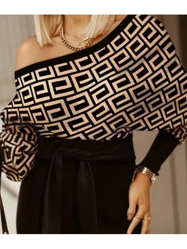 Bodycon Sheath Dress Knee Length Dress Black Long Sleeve Print Print Winter Fall Autumn Cold Shoulder Fashion Winter Dress Weekend Fall Dress  S M L XL 2XL 3XL for Women