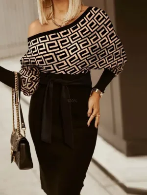 Bodycon Sheath Dress Knee Length Dress Black Long Sleeve Print Print Winter Fall Autumn Cold Shoulder Fashion Winter Dress Weekend Fall Dress  S M L XL 2XL 3XL for Women